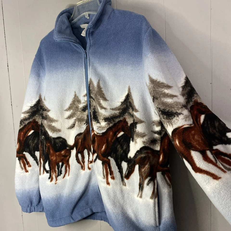 Vintage Horses Fleece Sweater Jacket All Over Print 90s Large Blair Y2K 25x30 L - Image 2 of 4