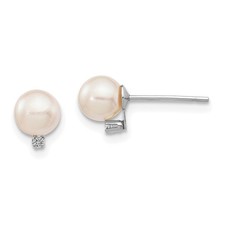 14k White Gold 5-6mm Round Akoya Saltwater Pearl and .02Ct Diamond Stud Earrings