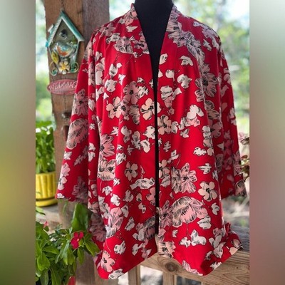 Roz & Ali Plus Red Floral Kimono Duster Open Front 3/4 Bell Sleeves 2X