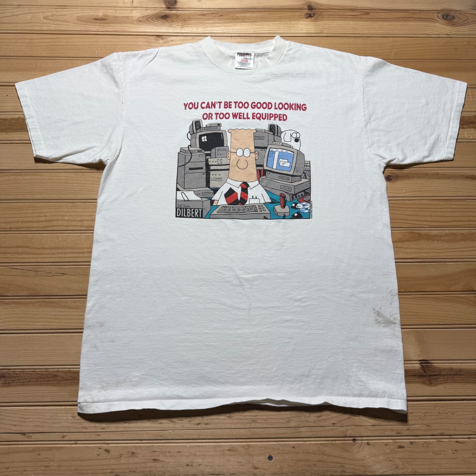 Vintage 90s Dilbert Comic Too Well Equipped Technology Graphic T-Shirt USA - XL