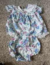 Vintage Allison Ann Girls Up to 3 Mos 2pc Floral Dress Bloomers Set Lace Bow