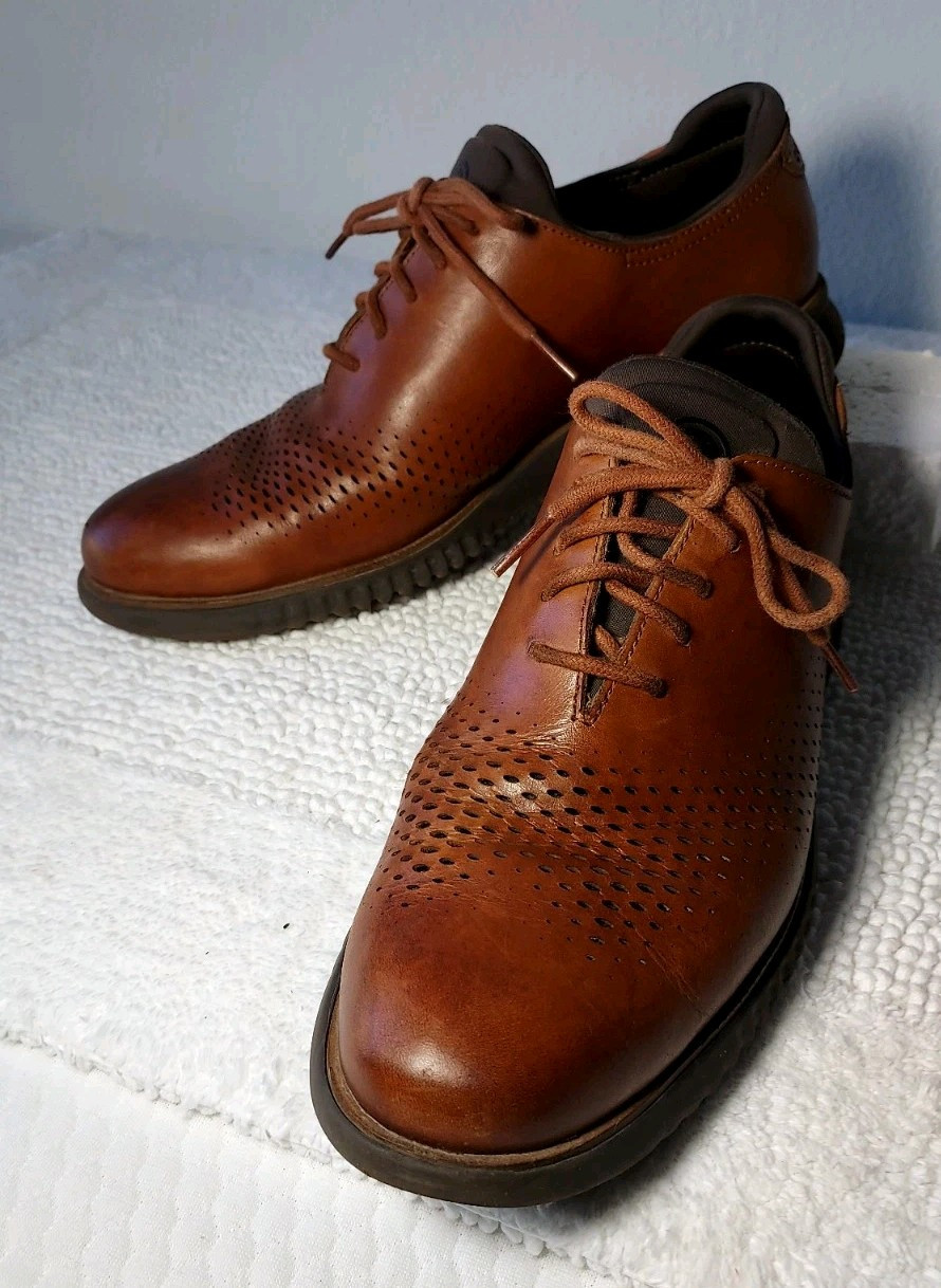 SAOLA Oxford Cole Haan uomo 2.ZeroGrand foderato laser punta alare marrone taglia 10 5 M COMODO!!