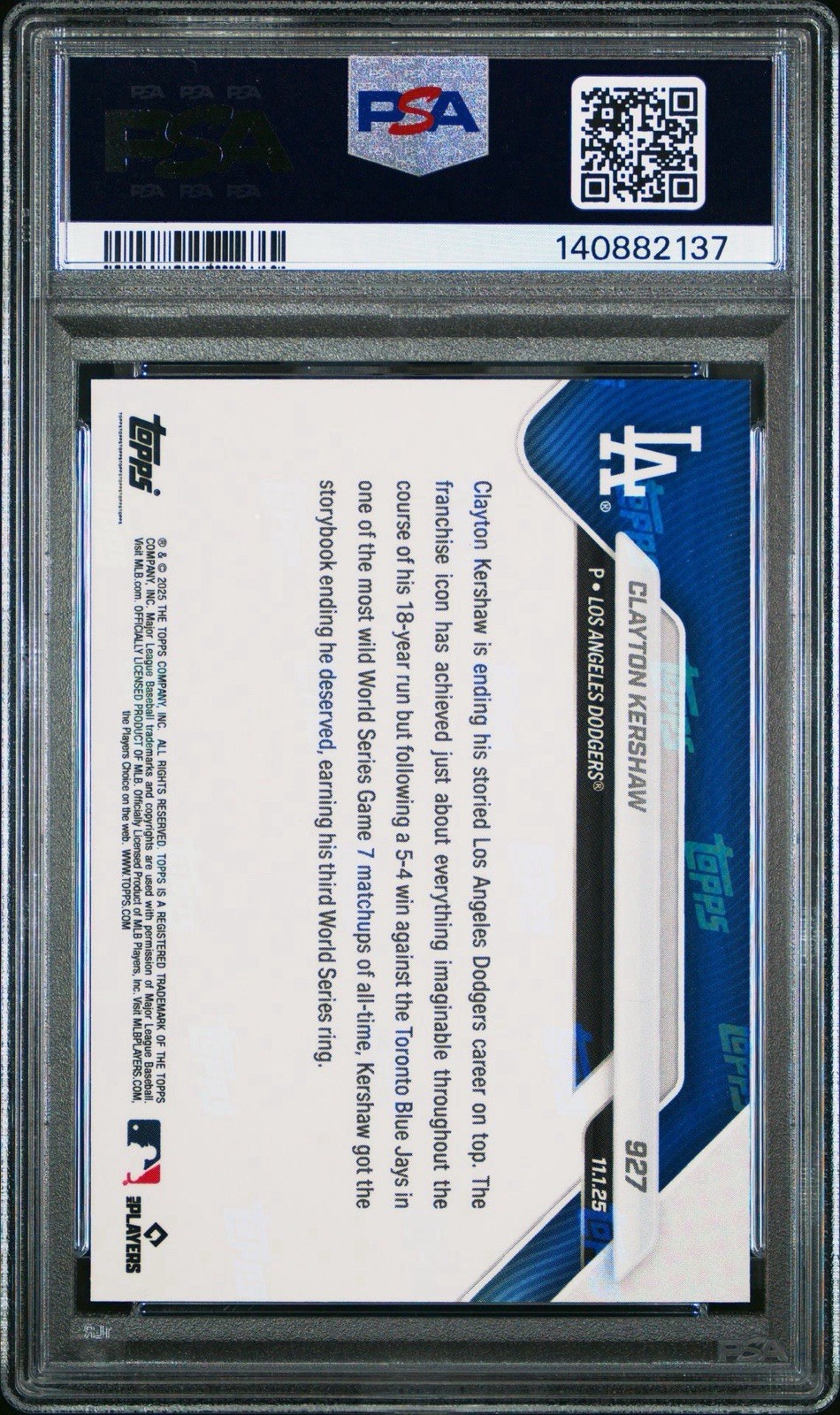 2025 TOPPS NOW #927 CLAYTON KERSHAW WORLD SERIES LA DODGERS PSA 8 view 2