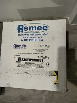 Remee CAT 6 Plenum 1000ft  550MHz 4Pr/23AWG Ethernet Cable 6B234UTPENHM3Y Yellow