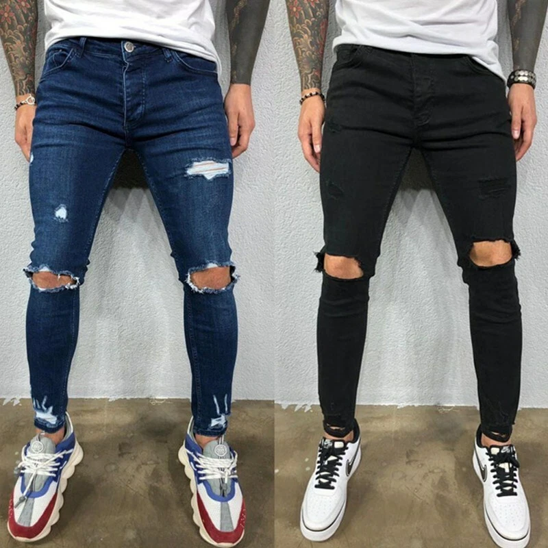 Pantalones Vaqueros Elásticos Rasgados Para Hombre Moda Casual Negro Azul  Verano