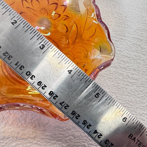 Vintage Marigold Carnival Glass Bowl Cattail & Water Lily Pattern 5.5" UV Glow - Picture 10 of 11