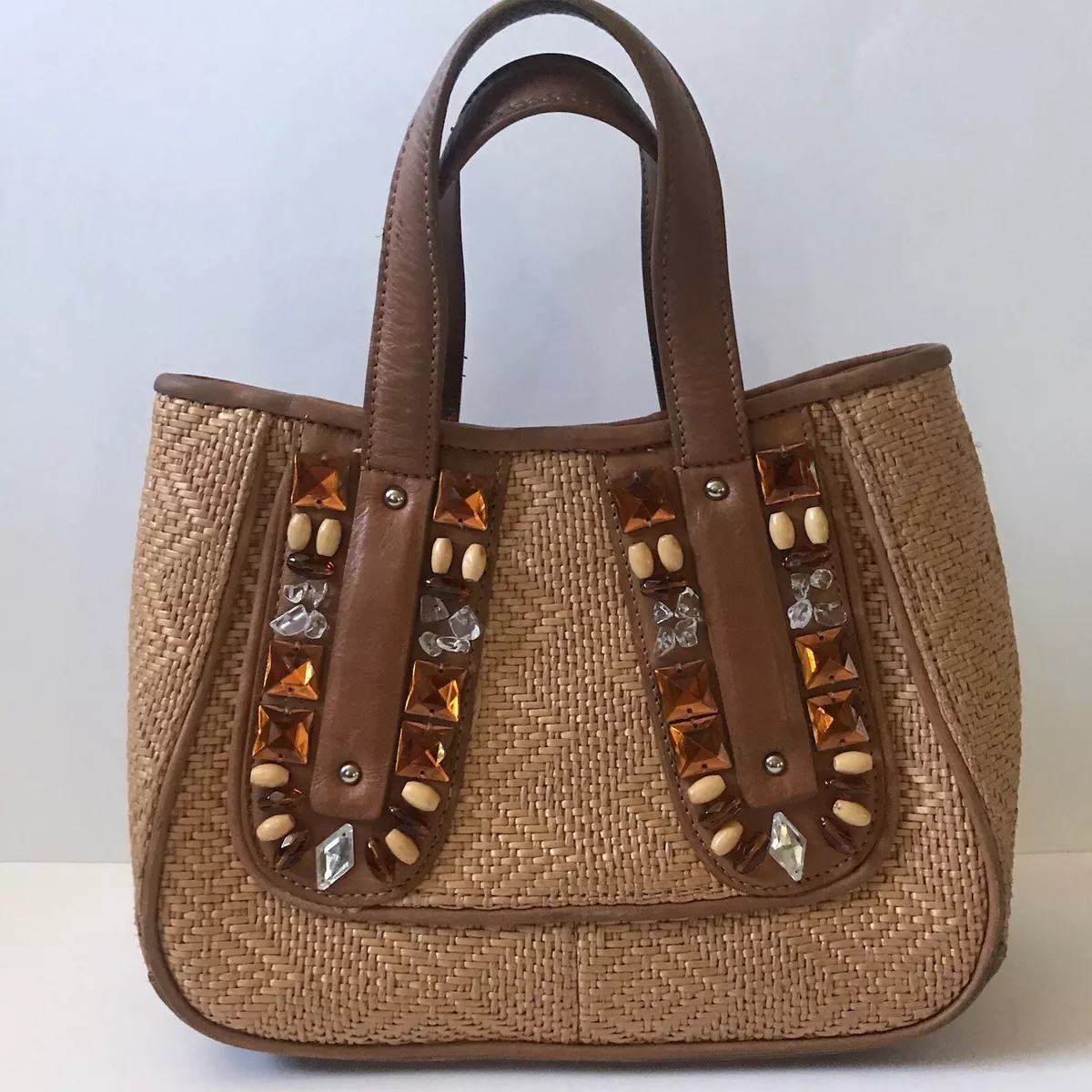 Cole Haan Leather Trim Sydney Straw Jeweled Mini Handbag eBay