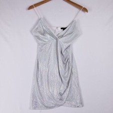 Forever 21 Silver Glitter Mini Dress Spaghetti Straps Ruched Front Size Small