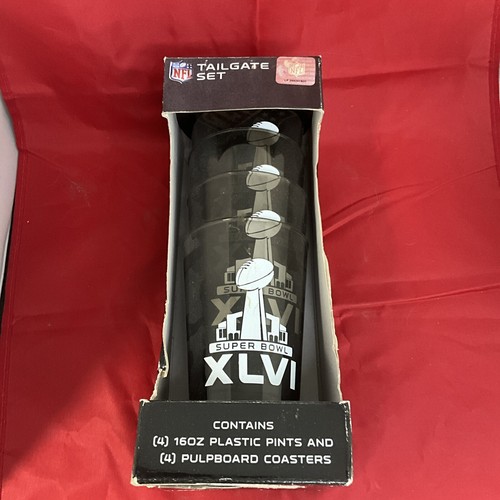 Super Bowl 46 Tailgate Set 2012, 4 Pint Plastic Cups & 4 NFL Coasters in BOX - Picture 5 of 8