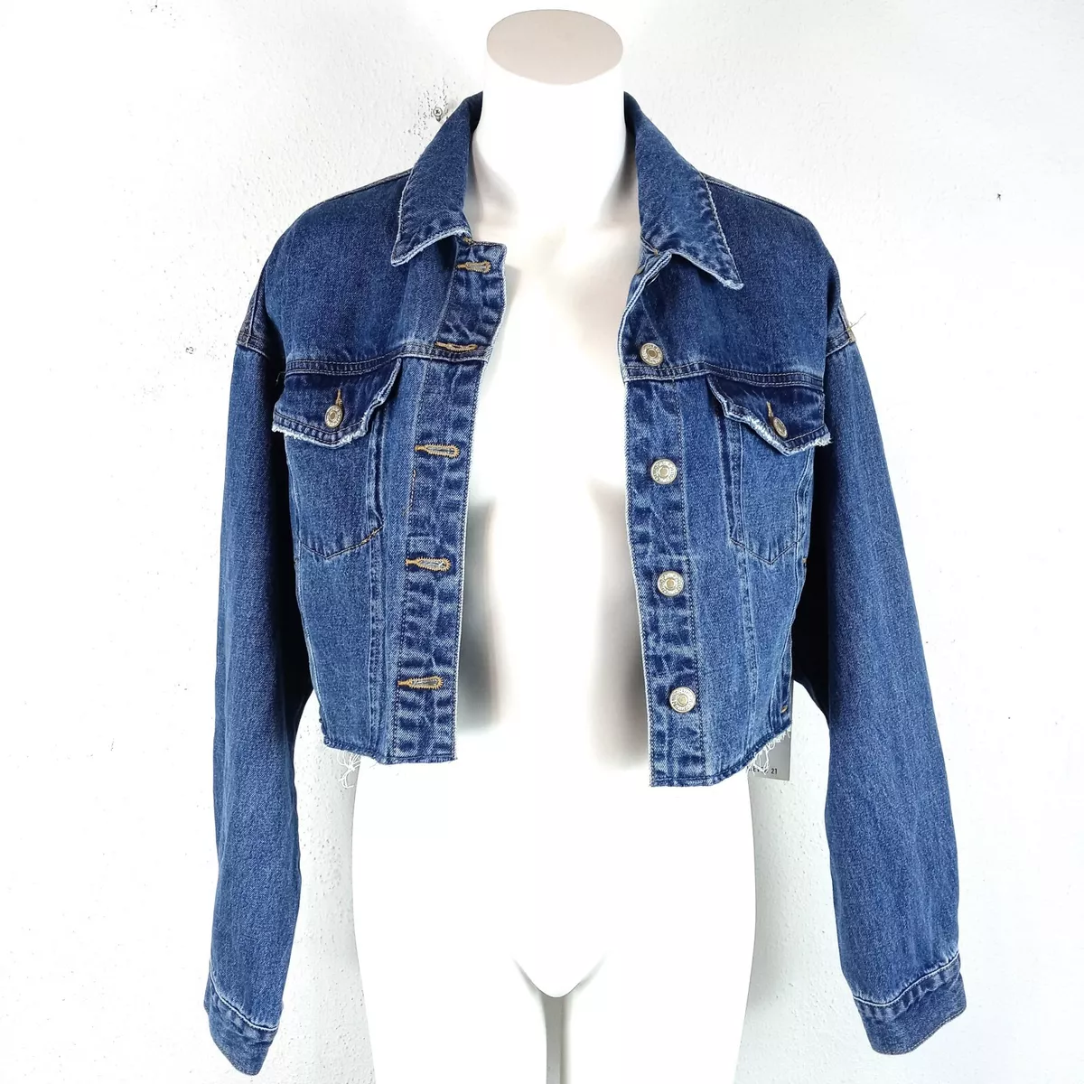 Forever 21 Denim Cropped and Frayed Long Sleeve Blue Denim Jacket
