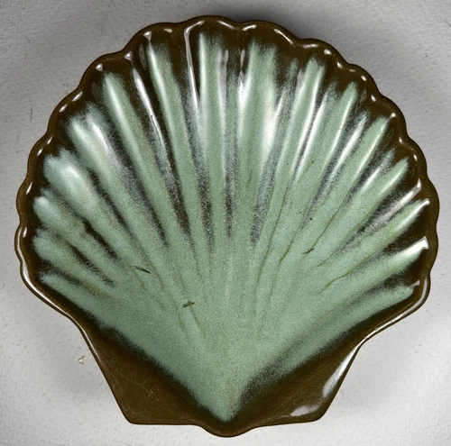Vtg Frankoma Pottery Clam Shell Bowl 473 Prairie Green Brown Beach Sand Tiki