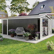 10x14FT Outdoor Metal Storage Shed Garden Sheds with Window & Lockable Door Gray