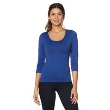 Rhonda Shear Womens 3/4 Sleeve Seamless Tee with Shelf Bra in Blue Size L