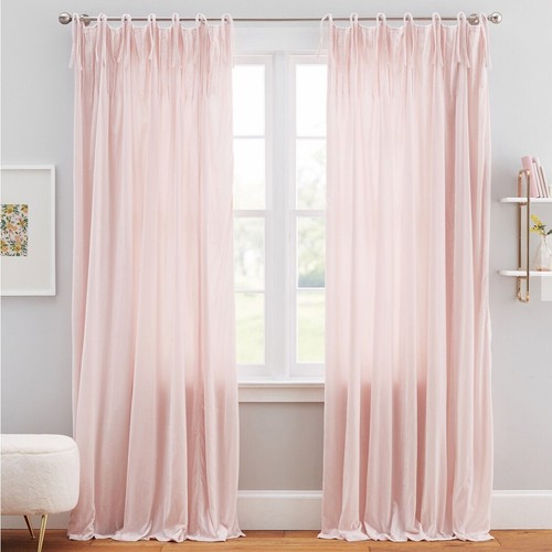 Set/2 Pottery Barn 84” Shimmer Velvet Tie Top Drapes Blush Stunning
