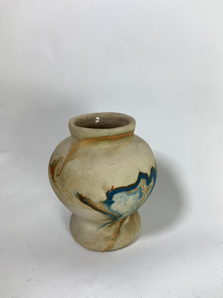 ca 1950s Nemaji USA Marbled Red/Blue Earthenware No Glaze Pottery