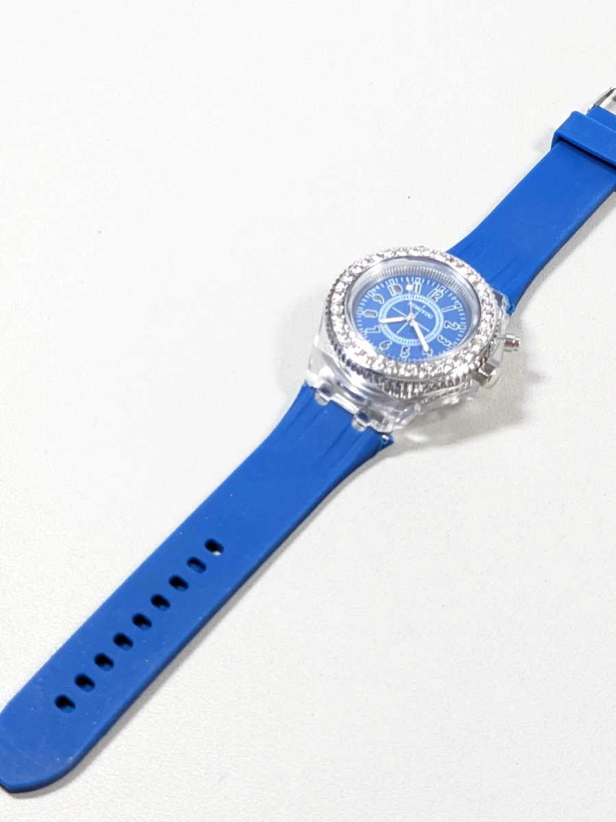 Pengyou Silver Tone Crystal Accent Blue Silicone Band Watch