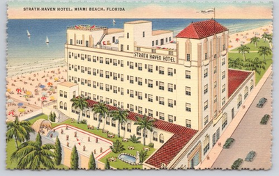 #ad Strath Haven Hotel Miami Beach FL Linen Postcard Unposted Dancing Cars Aerial $18.74