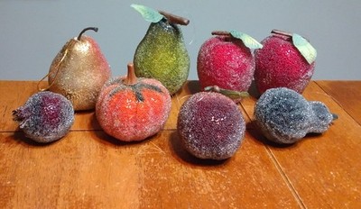 Set of 8 Styrofoam Beaded Sugar Frosted Faux Fruits Apple Pear Plum Ornaments