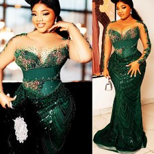 Aso Ebi Deep Green Mermaid Ball Dress Lace Sparkling Beaded Crystal Evening Gown