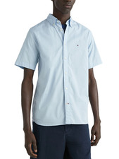 Tommy Hilfiger Men Flex Poplin Regular Fit Short Sleeve Shirt Calm Blue Size S