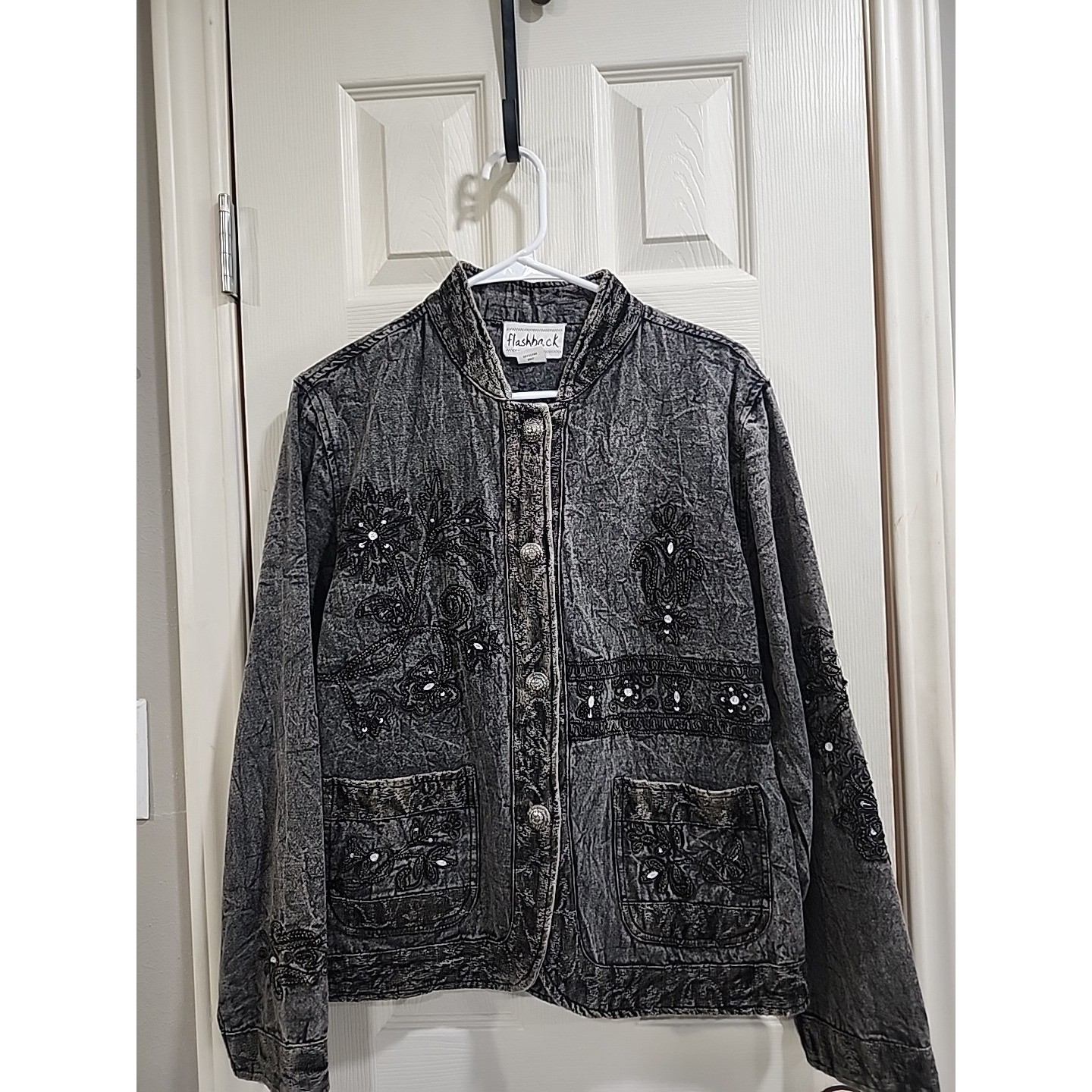 Flashback Black Embroidered Beaded Jacket Women's Large Boho Velvet Trim Korea