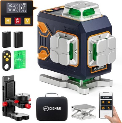 CIGMAN 4x360° Green Laser Level with Remote Control & 2 Lithium Batteries Includ