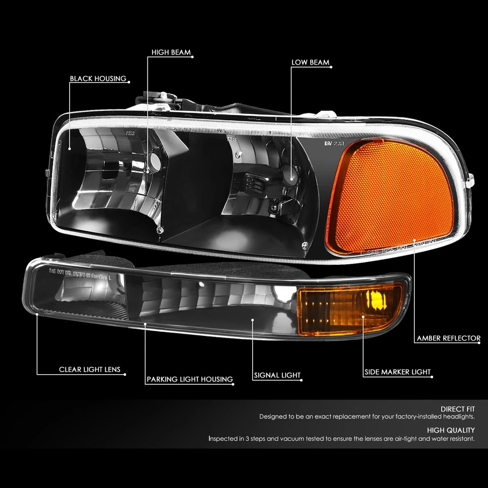 ДЛЯ 99-07 GMC SIERRA YUKON XL ЧЕРНЫЙ КОРПУС ЯНТАРНЫЕ УГЛОВЫЕ ФАРЫ БАМПЕР ЛАМПЫ - Изображение 2 из 4