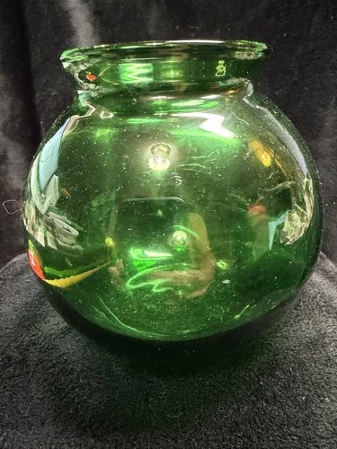 Vintage FOREST GREEN GLASS BALL VASE ANCHORGLASS Candle holder/vase