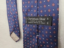 Vintage Christian Dior Tie Navy Blue Geometric Diamond Print All Silk USA Made 