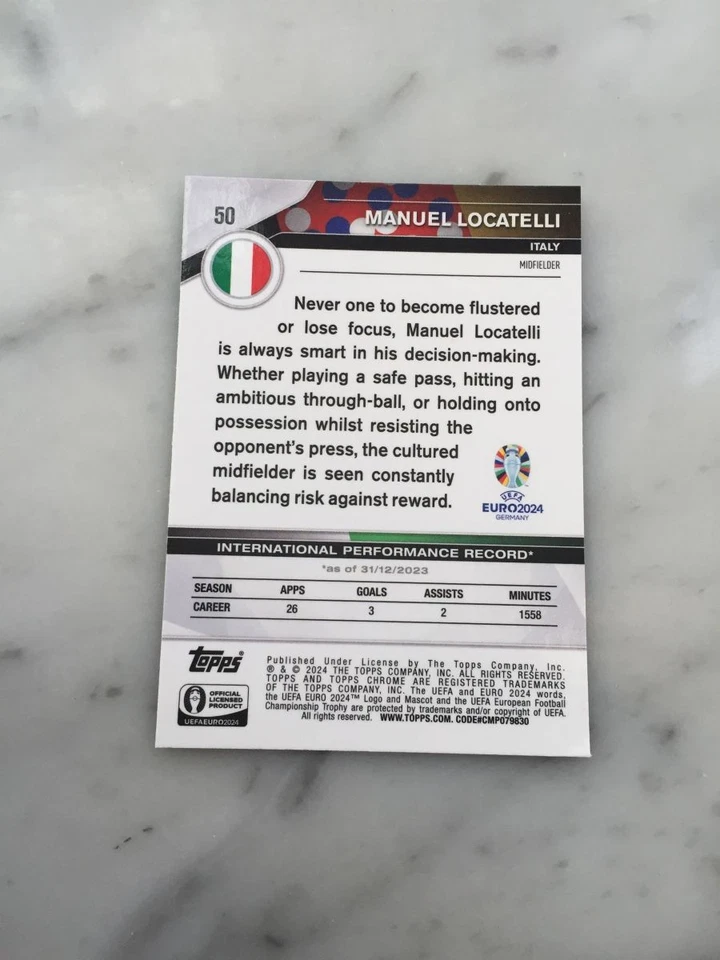 2024 Topps Chrome Euro Manuel Locatelli Juventus Italy Aqua 134/199 - Image 2 of 2