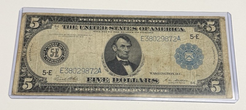 Fine 1914 $5 U.S. Federal Reserve Note, White-Mellon (Fr #863, Richmond VA 5-E)