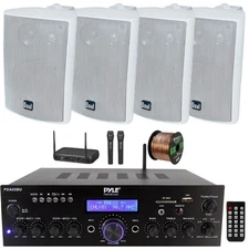 Pyle PDA65BU Compact Stereo Receiver, 4x 4" 200W Speakers, VHF Microphone System