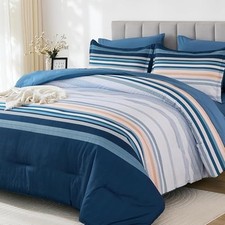 Queen Blue Comforter Set - 7 Pieces - Boho Striped Bed in Bag - Soft Queen Size