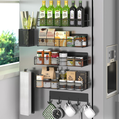 Magnetic Spice Rack for Refrigerator, 7 Pack Metal Shelf Black , Moveable Organi