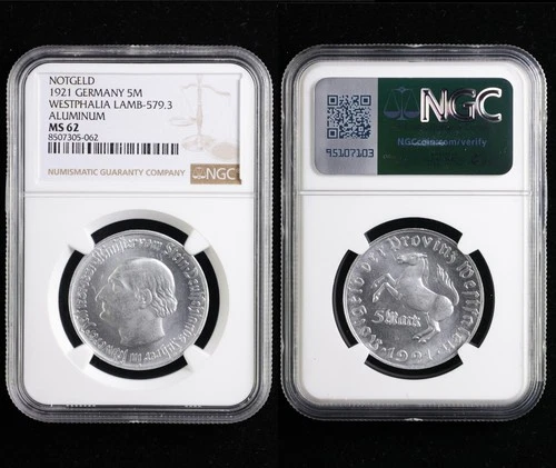 1921 GERMANY 5M WESTPHALIA LAMB-579.3 ALUMINUW NGC MS 62 01