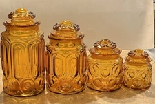 Vintage MCM LE Smith Amber Glass Moon & Stars Set of Four Canisters With Lids