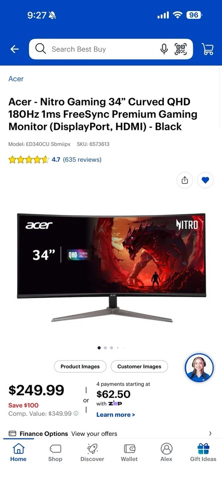 Acer - Nitro Gaming 34Curved QHD 180Hz 1ms FreeSync Premium Gaming Monitor ... - Image 4 of 4