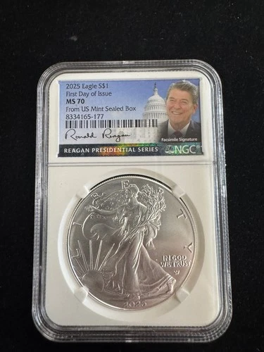 2025 W Silver Eagle $1 FDOI MS70!!! REAGAN LOW POP FROM SEALED BOX NO RESERVE