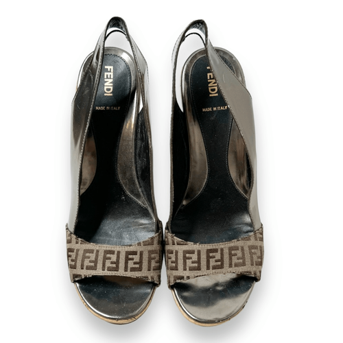 Fendi Metallic/Brown Zucca Canvas & Patent Leather Wedge Sandals Women’s Size 40 - Picture 3 of 11
