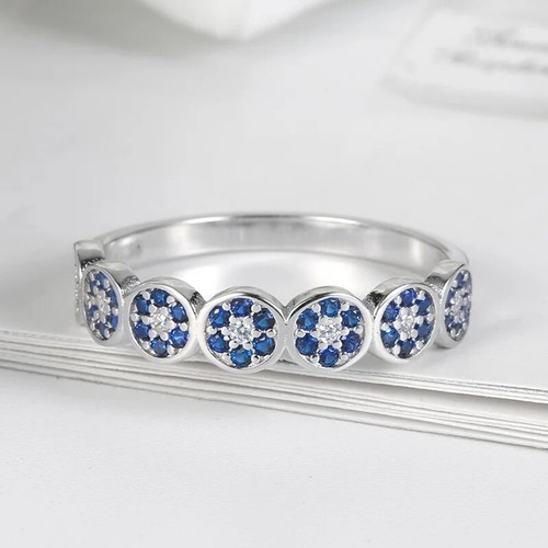 925 Sterling Silver Eyelet Designer Ring Lab Created Blue Sapphire Ring for Her - Picture 3 of 5