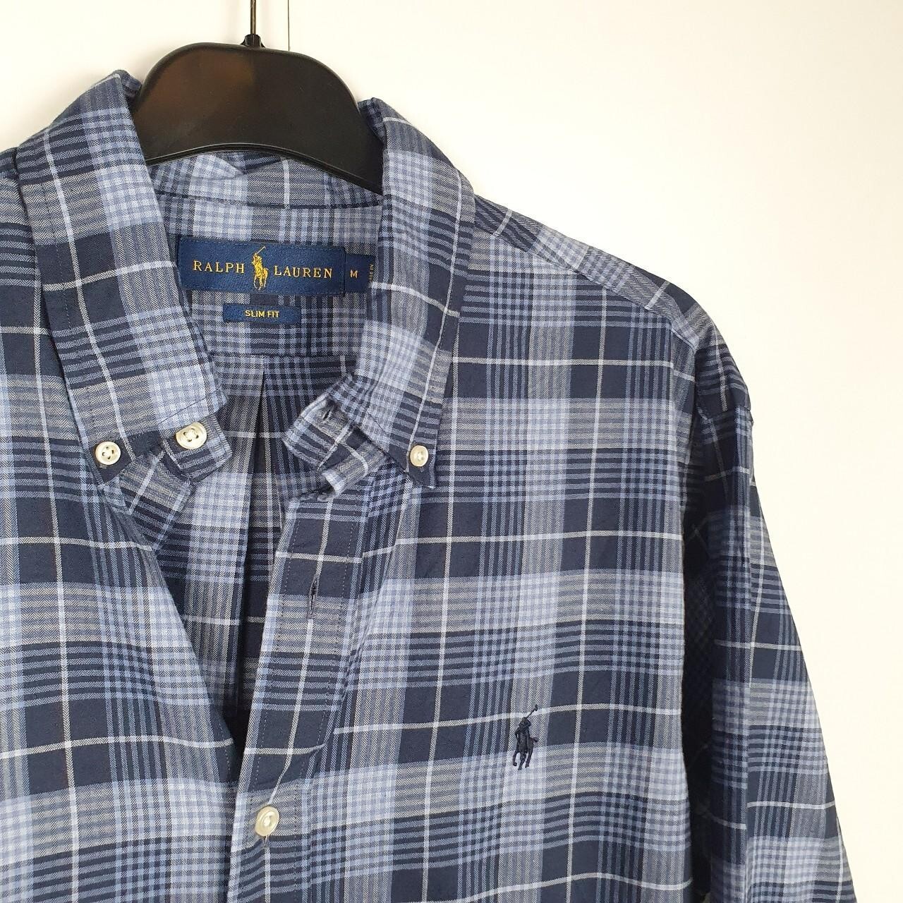Mens POLO RALPH LAUREN Blue Check Slim Fit Long Sleeve Formal Casual Shirt M image 2