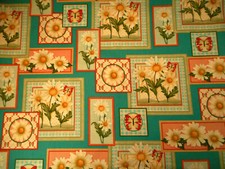 Floral Fabric By Yard Ivory Daisy Dk Pink Teal Butterfly Patch on Teal Cotton C