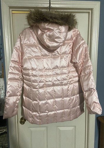 Lands End Goose Down coat removable faux fox fur trim hood Jrs. Lrg. ladies Med. - Picture 2 of 12