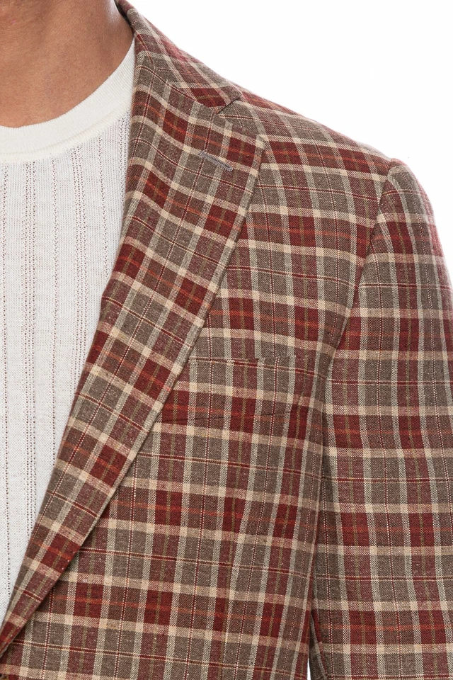 Chaqueta BELVEST Hecha en Italia Seda Lino Cuadros Marrón y Borgoña 42 EE. UU. / 52 UE 9R Foto 4 de 4