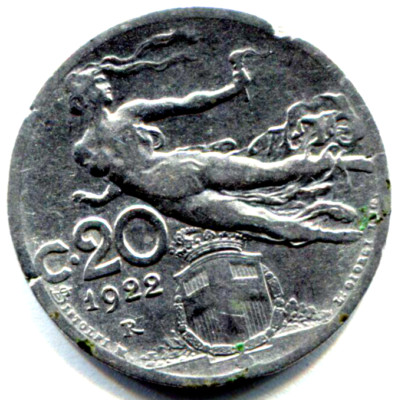 COIN, 1922 Kingdom of Italy 20c FLIGHT Pre-Fascist era KM44 made of nickel /C110