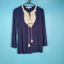 Studio M Women's Size XS Navy Blue Lace Trim Tassel V-Neck Blouse