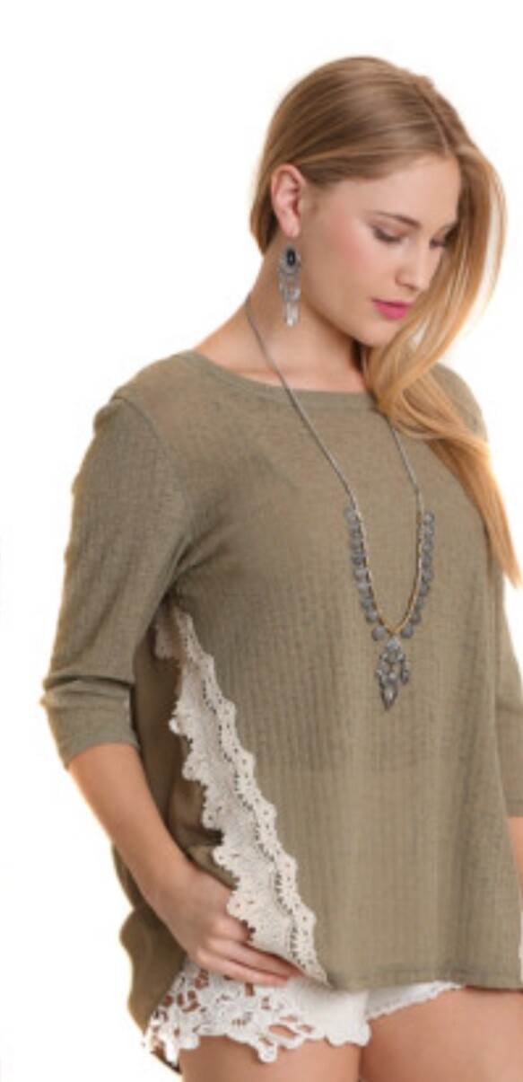 Umgee Womens M Green Lace 3/4 Sleeve Cute Blouse Top