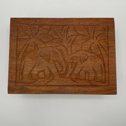 Vintage India Hand Carved Wood Box-Elephants & Palm Trees - Picture 7 of 12