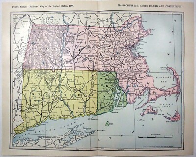 Original 1907 Railroad Map of Massachusetts Rhode Island & Connecticut. Antique