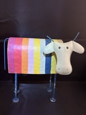 Whimsical Hand-Painted Metal Rainbow Striped Cow Figurine - Folk Art Decor